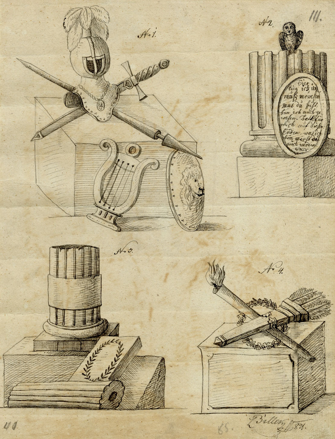 Leopold Billek, Classical Greek Iconography, Mortality, War & Peace – c.1820 pen & ink drawing