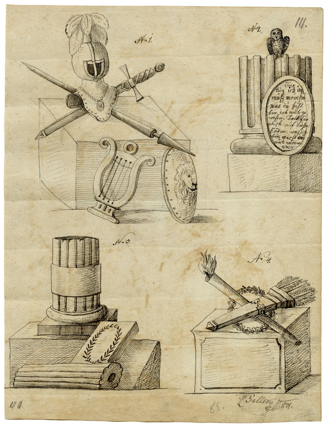 Leopold Billek, Classical Greek Iconography, Mortality, War & Peace – c.1820 pen & ink drawing