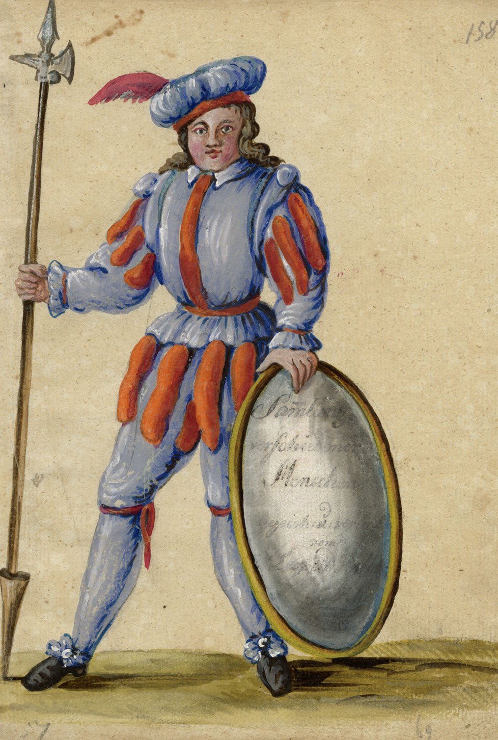 Leopold Billek, Renaissance Guard with Halberd & Shield – c.1820 gouache painting