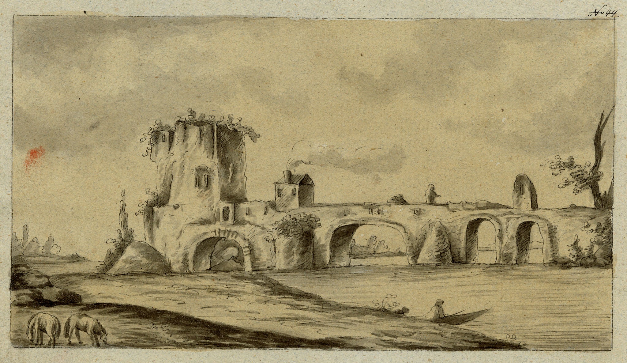 Leopold Billek, Bridge Ruin in the Roman Campagna – c.1820 watercolour painting