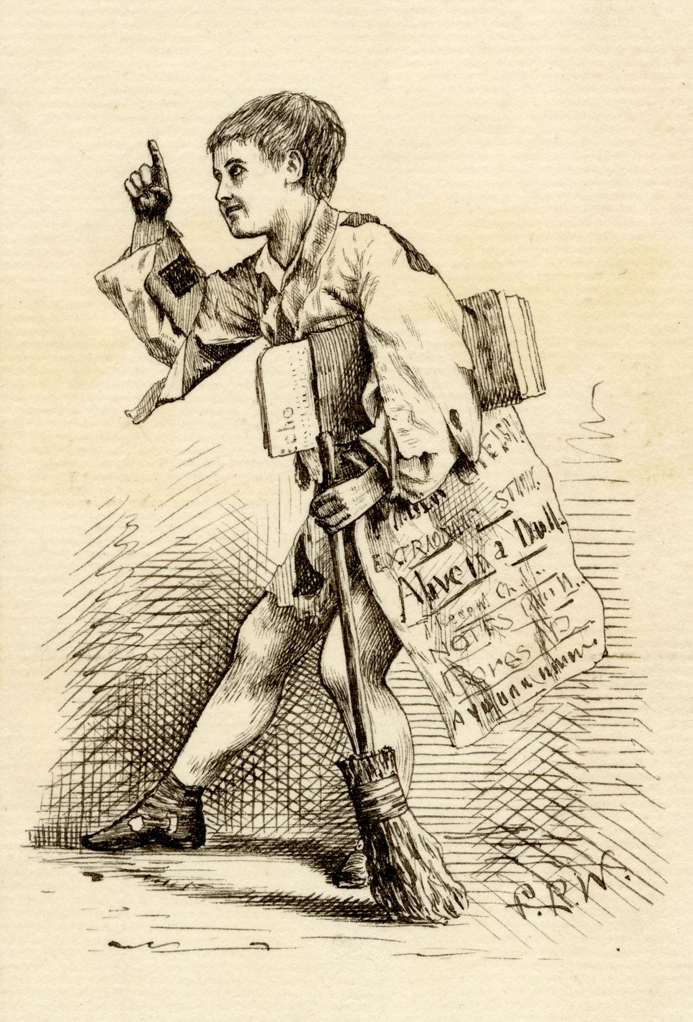 Pickford Robert Waller, Victorian Newsboy – Original c.1860s pen & ink drawing