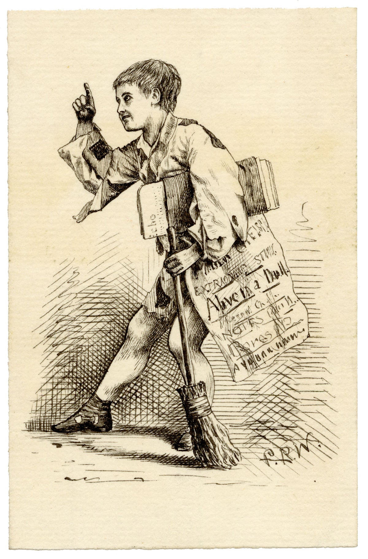 Pickford Robert Waller, Victorian Newsboy – Original c.1860s pen & ink drawing