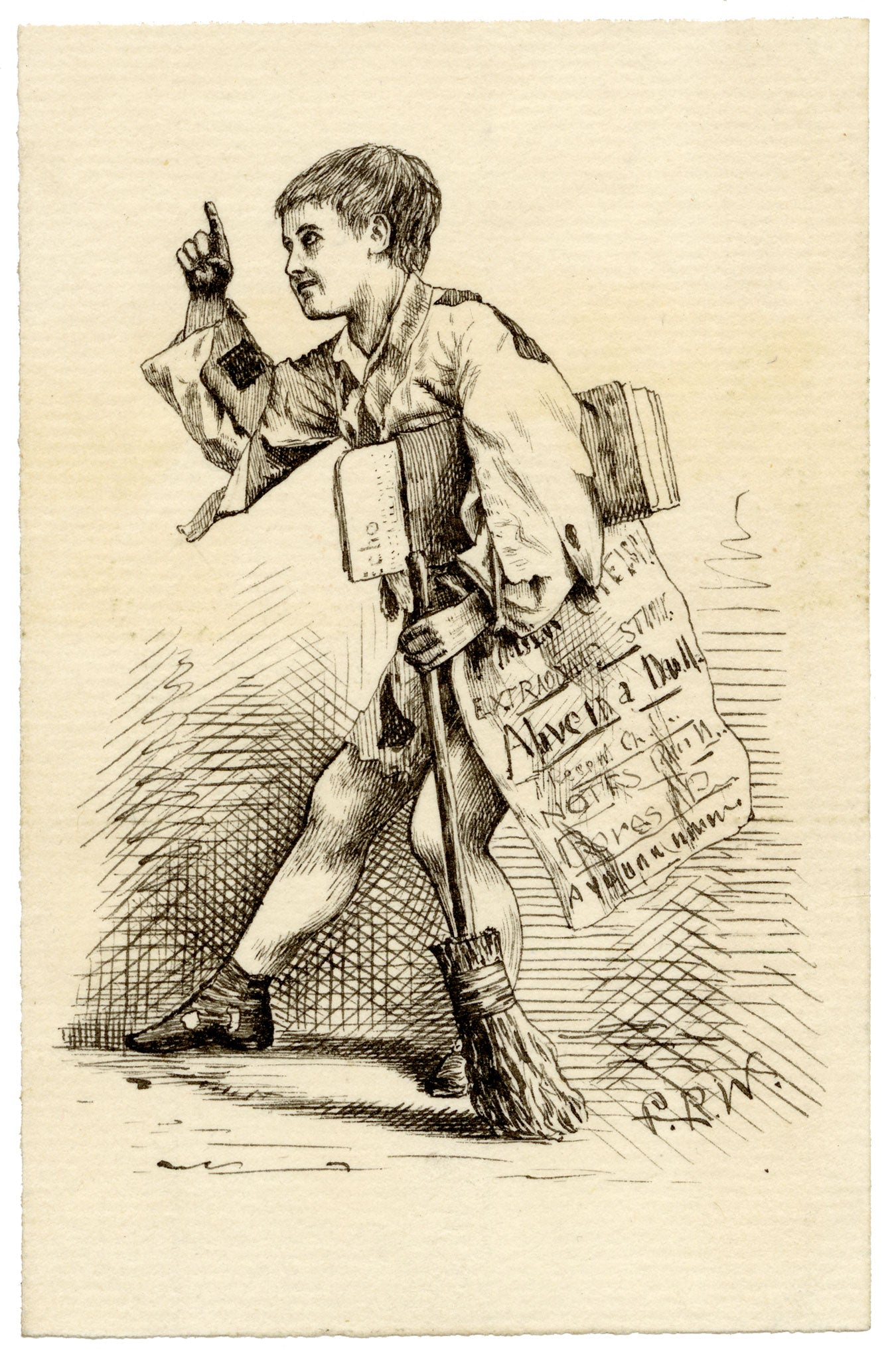 Pickford Robert Waller, Victorian Newsboy – Original c.1860s pen & ink drawing