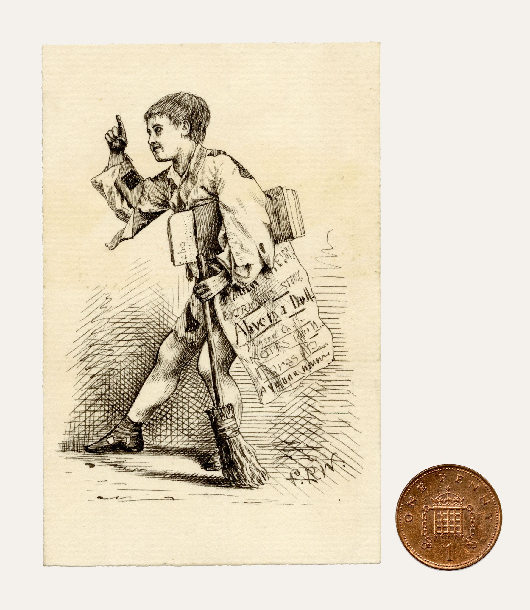 Pickford Robert Waller, Victorian Newsboy – Original c.1860s pen & ink drawing