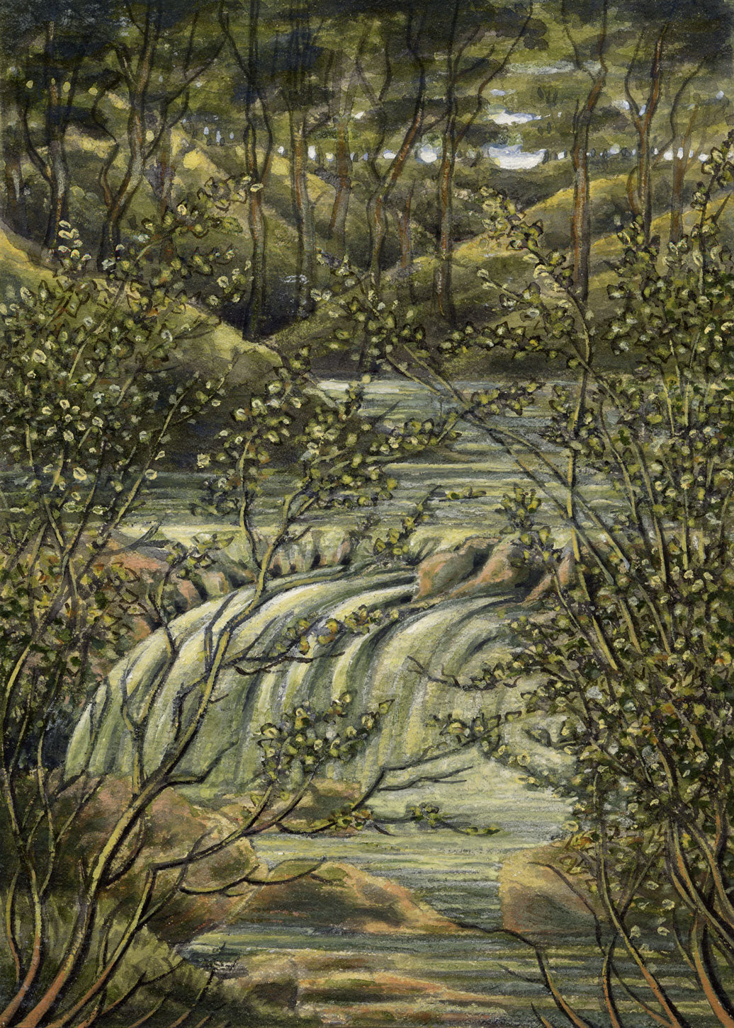 J.W. Bradley, River Cascade, Worcestershire – Early 19th-century gouache painting