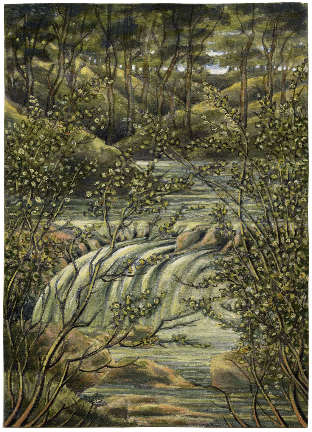 J.W. Bradley, River Cascade, Worcestershire – Early 19th-century gouache painting