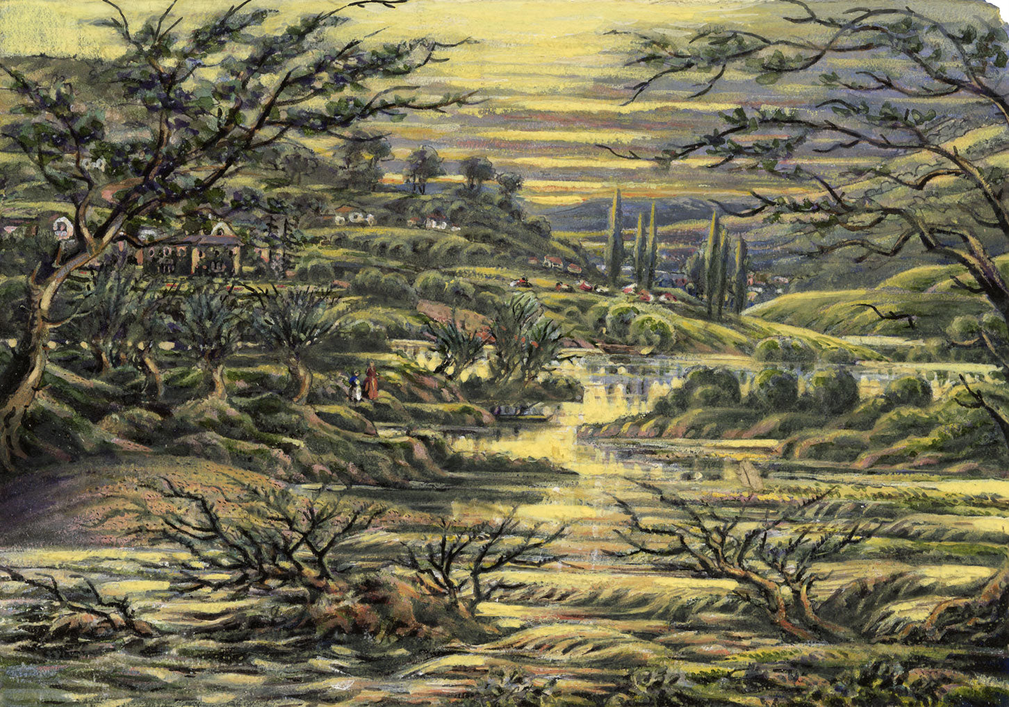 J.W. Bradley, River Severn near Worcester – Early 19th-century gouache painting