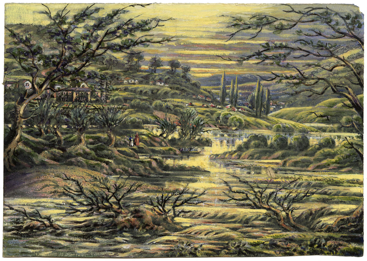 J.W. Bradley, River Severn near Worcester – Early 19th-century gouache painting