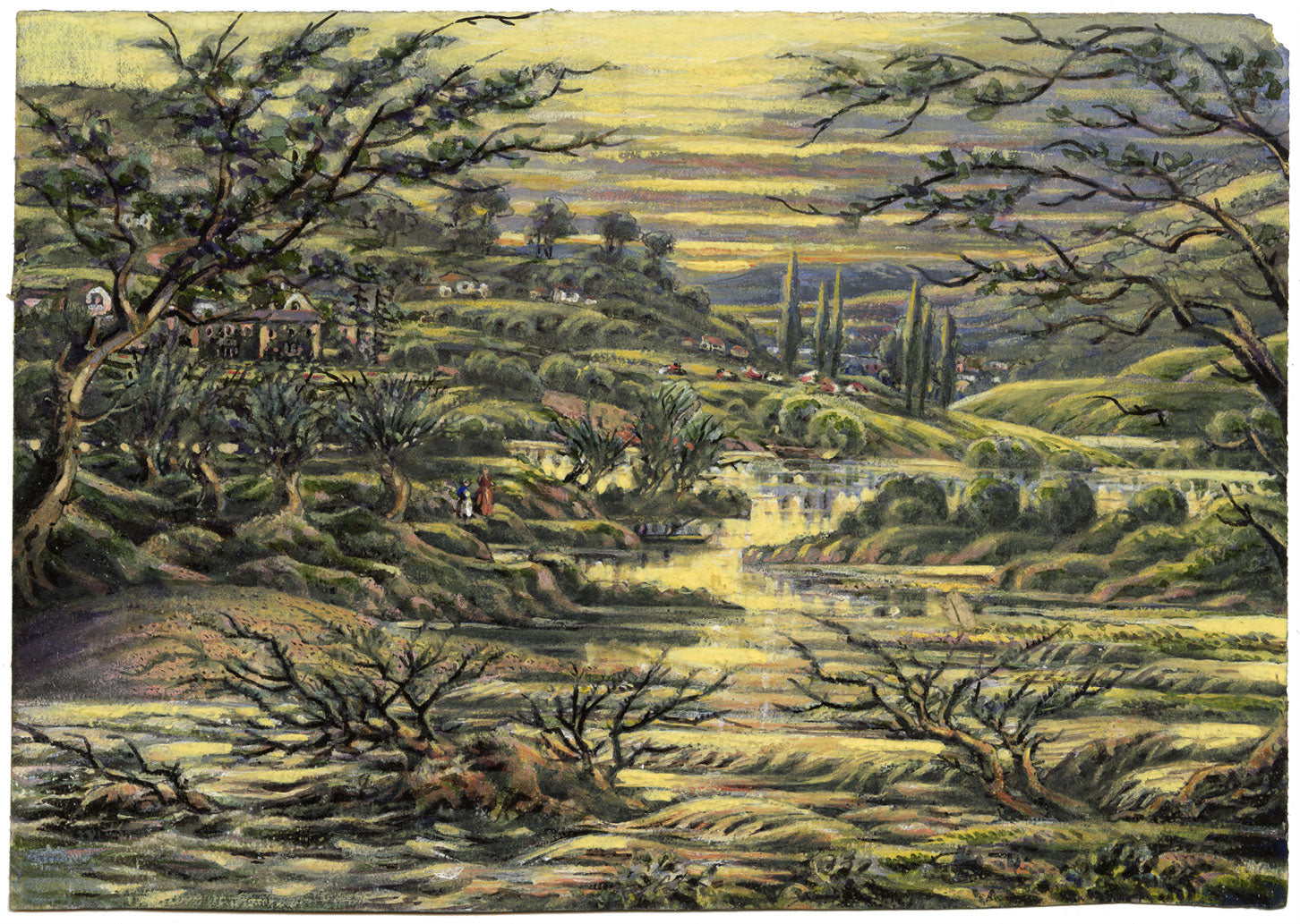 J.W. Bradley, River Severn near Worcester – Early 19th-century gouache painting