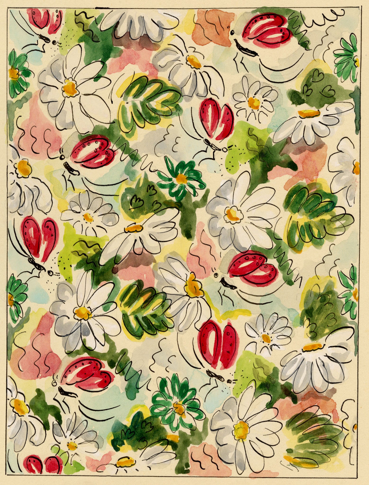 Jean Mary Ogilvie, Vintage Flower & Insect Pattern Design – 1930s painting