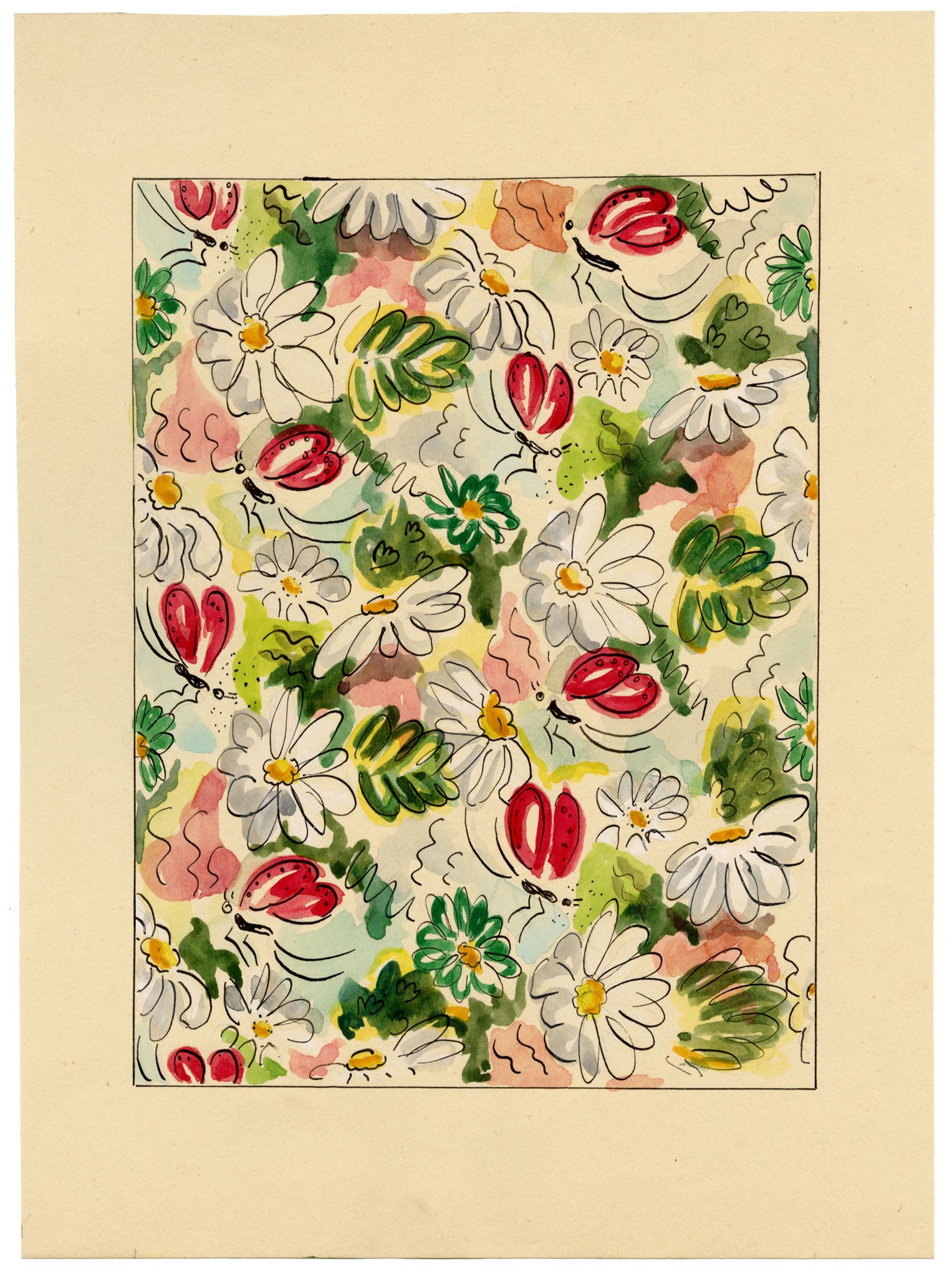 Jean Mary Ogilvie, Vintage Flower & Insect Pattern Design – 1930s painting