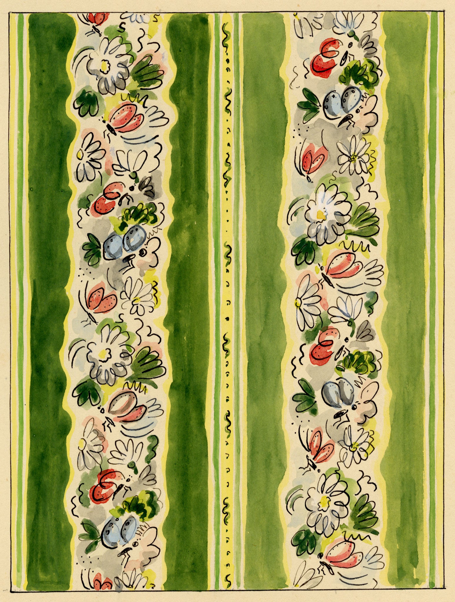 Jean Mary Ogilvie, Vintage Ditsy Flower & Insect Stripe Design – 1930s painting