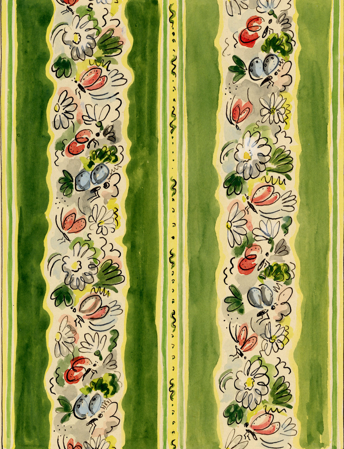 Jean Mary Ogilvie, Vintage Ditsy Flower & Insect Stripe Design – 1930s painting