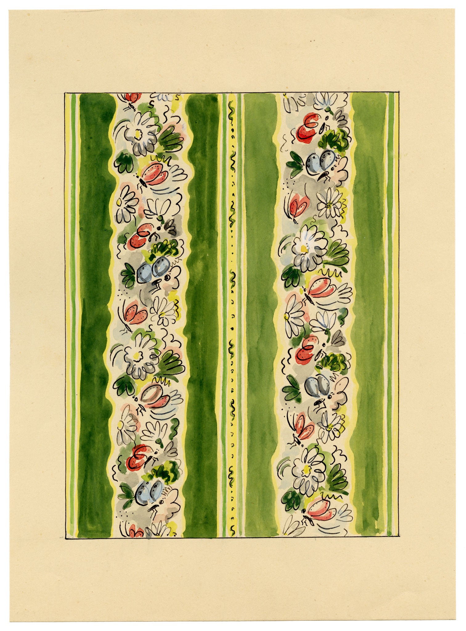 Jean Mary Ogilvie, Vintage Ditsy Flower & Insect Stripe Design – 1930s painting