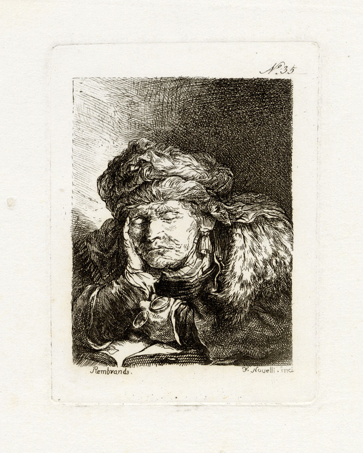 Francesco Novelli da Rembrandt, Vecchia addormentata – stampa all'acquaforte del 1860