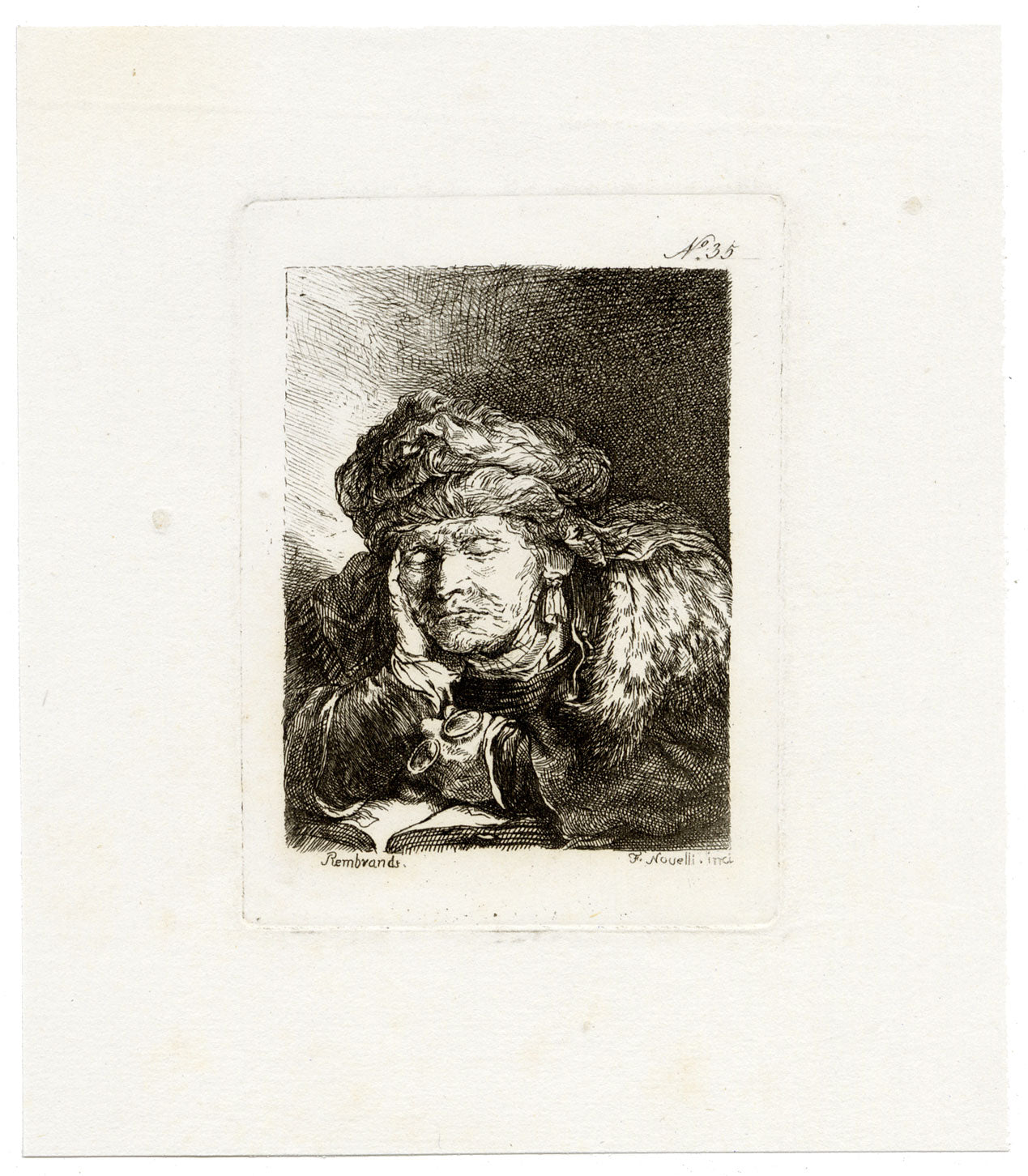 Francesco Novelli da Rembrandt, Vecchia addormentata – stampa all'acquaforte del 1860