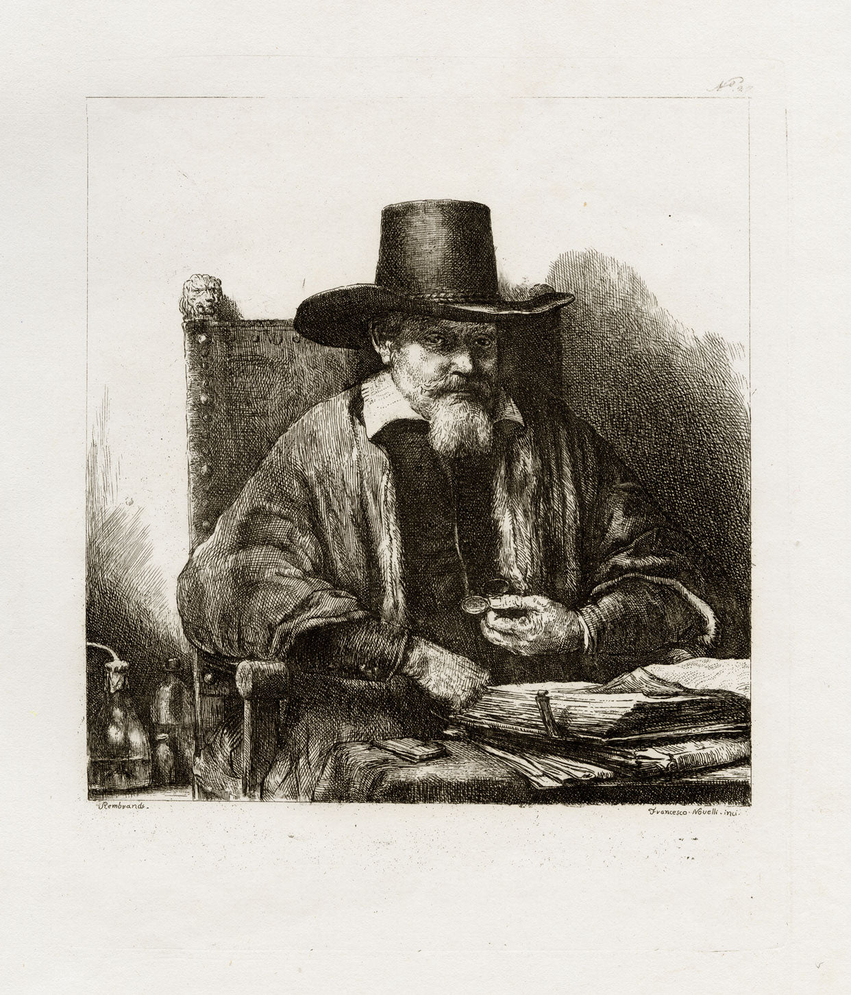 Francesco Novelli según Rembrandt, Retrato de Arnold Tholinx – Grabado de 1860