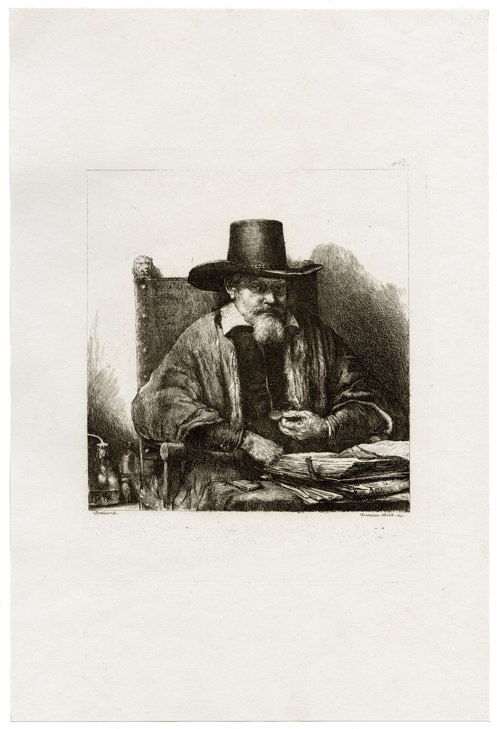 Francesco Novelli after Rembrandt, Portrait of Arnold Tholinx – 1860 etching print
