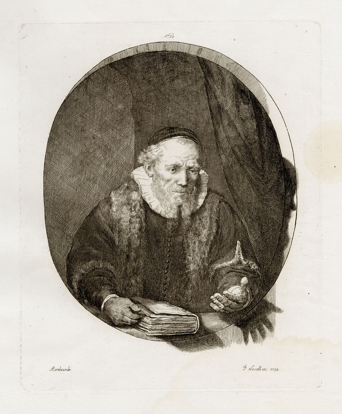 Francesco Novelli after Rembrandt, Jan Cornelis Sylvius – 1860 etching print