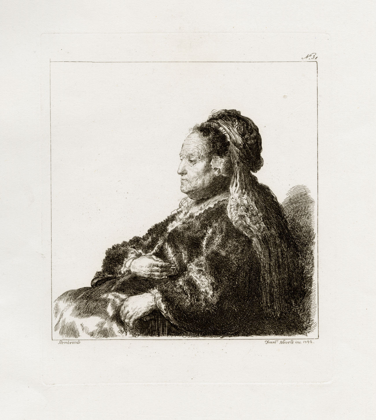 Francesco Novelli after Rembrandt, The Artist's Mother – 1860 etching print