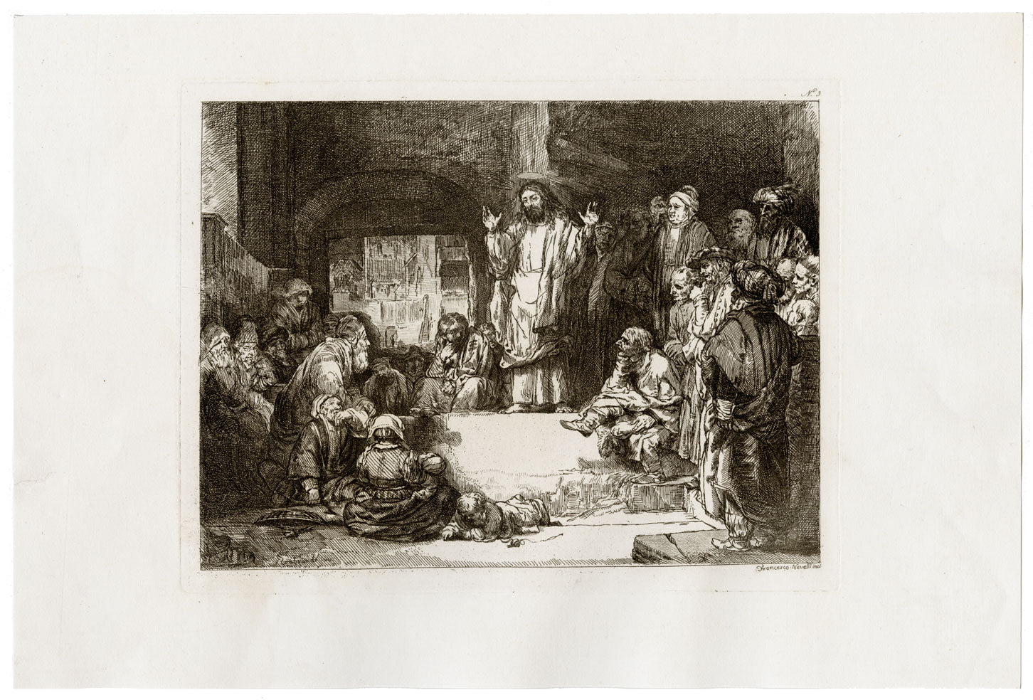 F. Novelli según Rembrandt, Cristo predicando (La pequeña tumba) – Grabado de 1860