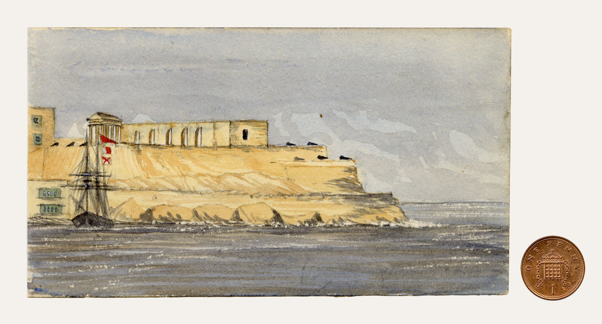Cmdr Alfred M. Causton RN, Fort Saint Elmo, Malta – 1870 watercolour painting