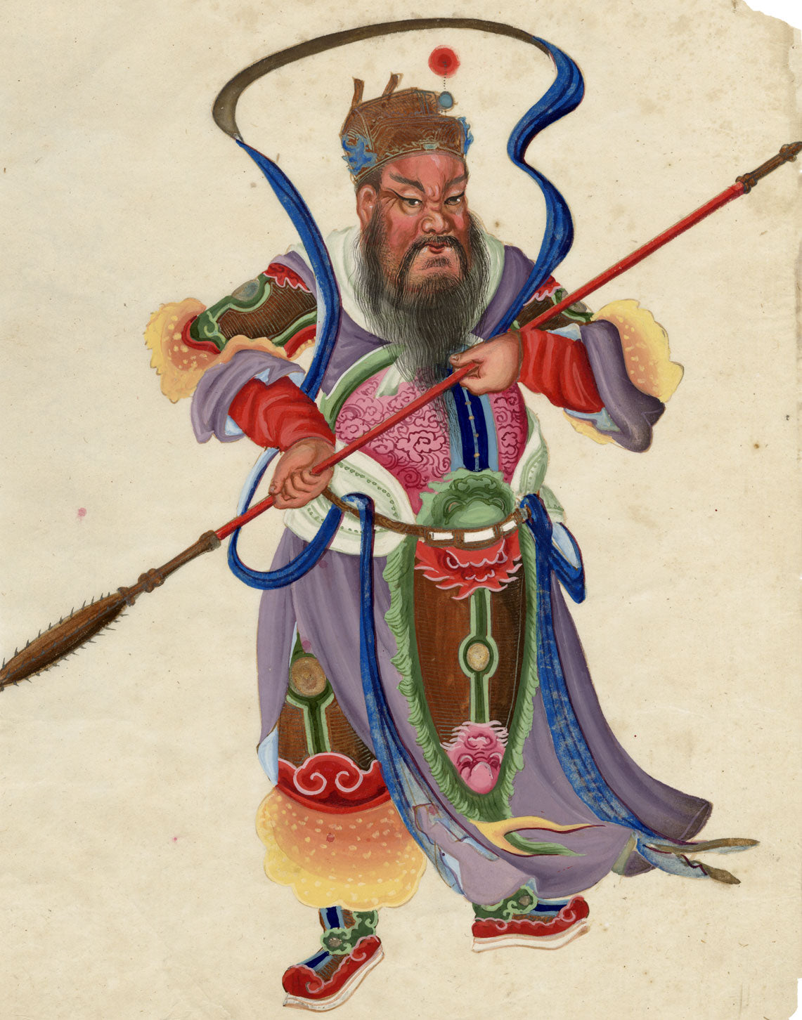 Canton School, Taoist Warrior Deity Guan Yu – 18th-century gouache painting