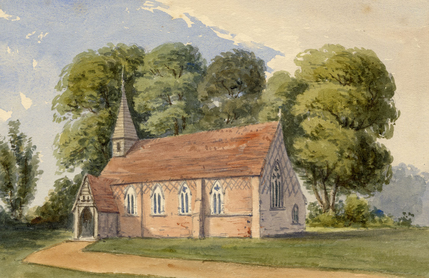 Keswick Sketching Club, Red Sandstone Church, Possibly Cumbria – 1870s watercolour painting