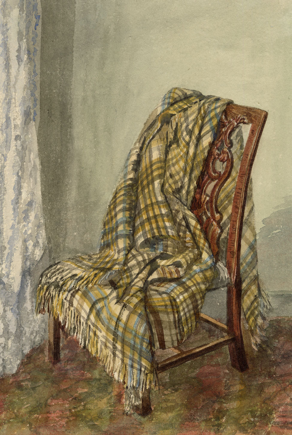 Keswick Sketching Club, Drapery Study, Tartan Blanket on Chair – 1870s watercolour painting