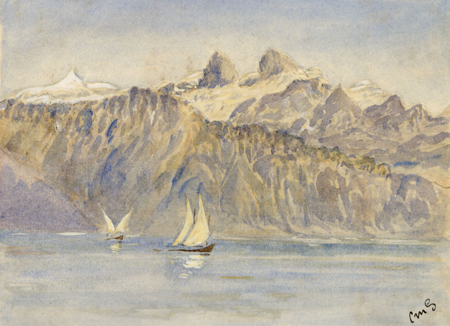 Constance Maria Stopford née Hammersley, Lake Geneva & Savoy-Alps from Ouchy, Switzerland – 1880 watercolour painting