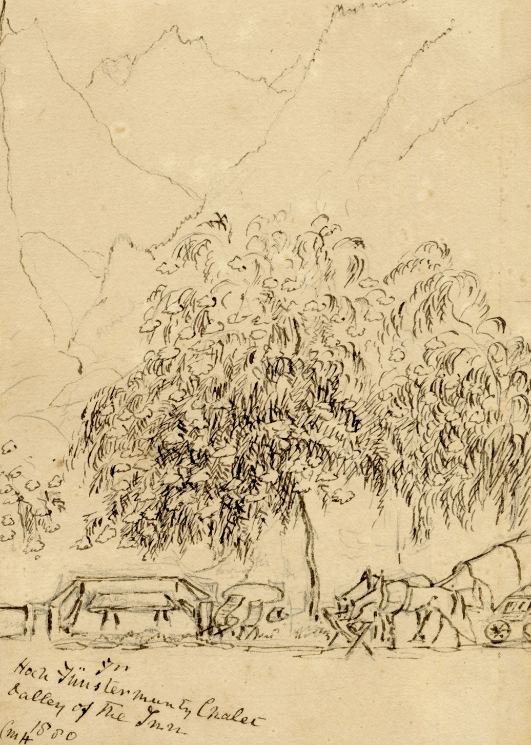 Constance Maria Stopford née Hammersley, Chalet, Valley of the Inn, Engadine, Switzerland – 1880 pen & ink drawing