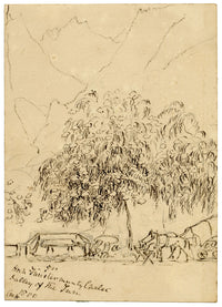 Constance Maria Stopford née Hammersley, Chalet, Valley of the Inn, Engadine, Switzerland – 1880 pen & ink drawing