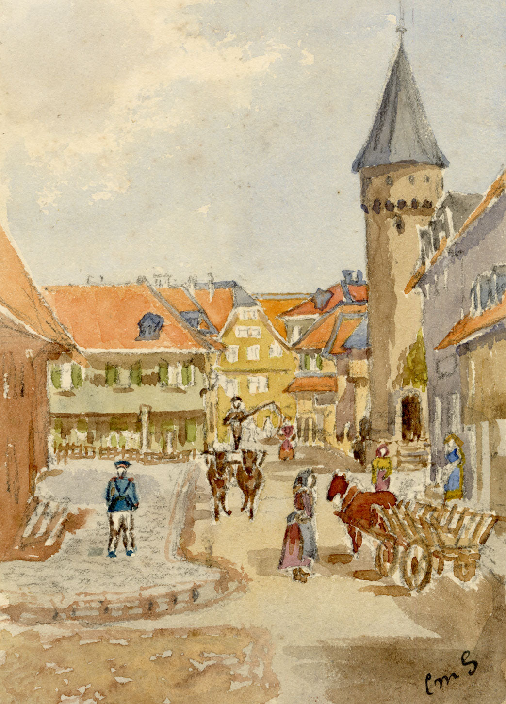 Constance Maria Stopford née Hammersley, Bad Homburg Old Town, Germany – 1880s watercolour painting