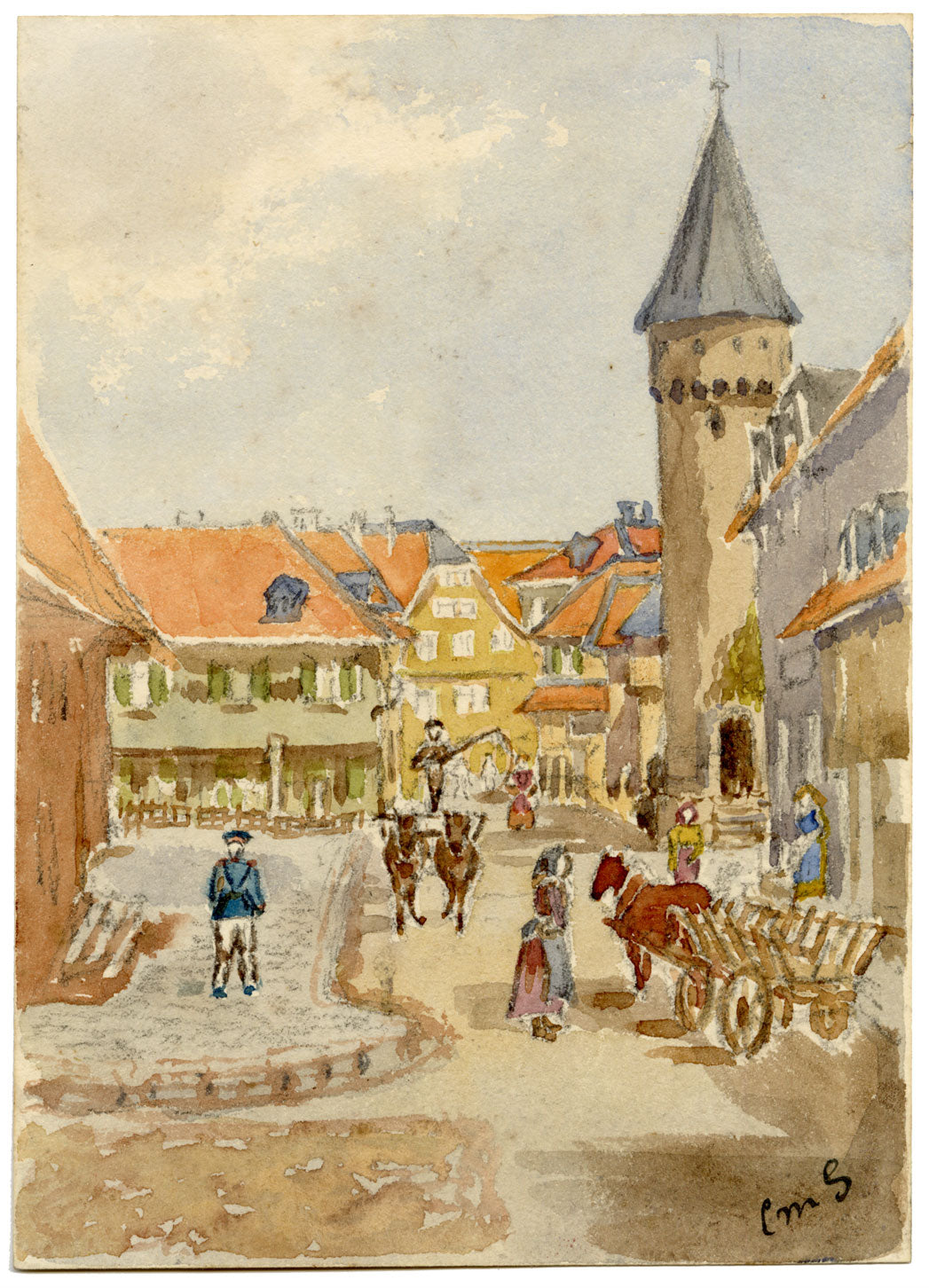 Constance Maria Stopford née Hammersley, Bad Homburg Old Town, Germany – 1880s watercolour painting