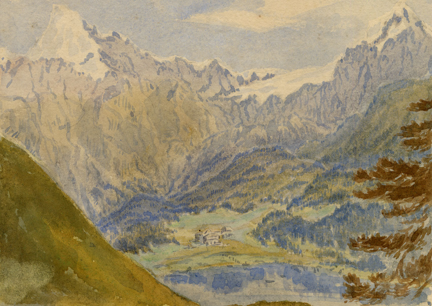 Constance Maria Stopford née Hammersley, Bernina Mountains near Pontresina, Switzerland – 1880s watercolour painting