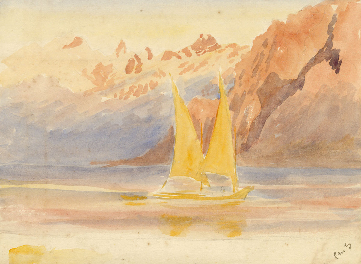 Constance Maria Stopford née Hammersley, Barques on Lake Geneva from Beau-Rivage Hotel, Ouchy, Switzerland – 1880 watercolour painting