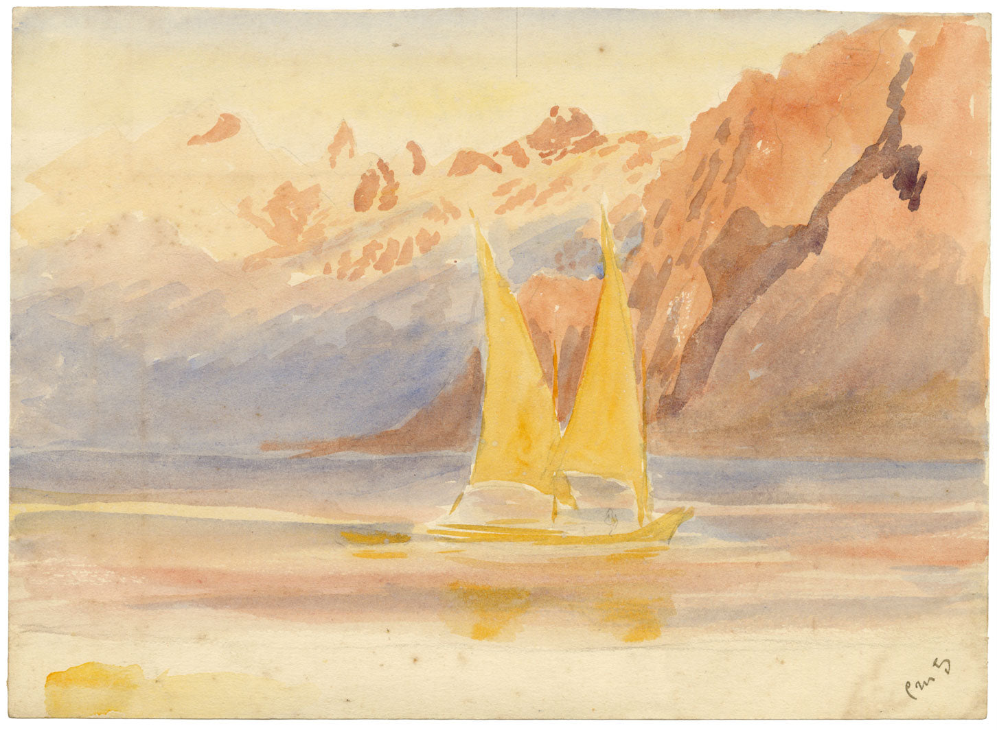 Constance Maria Stopford née Hammersley, Barques on Lake Geneva from Beau-Rivage Hotel, Ouchy, Switzerland – 1880 watercolour painting
