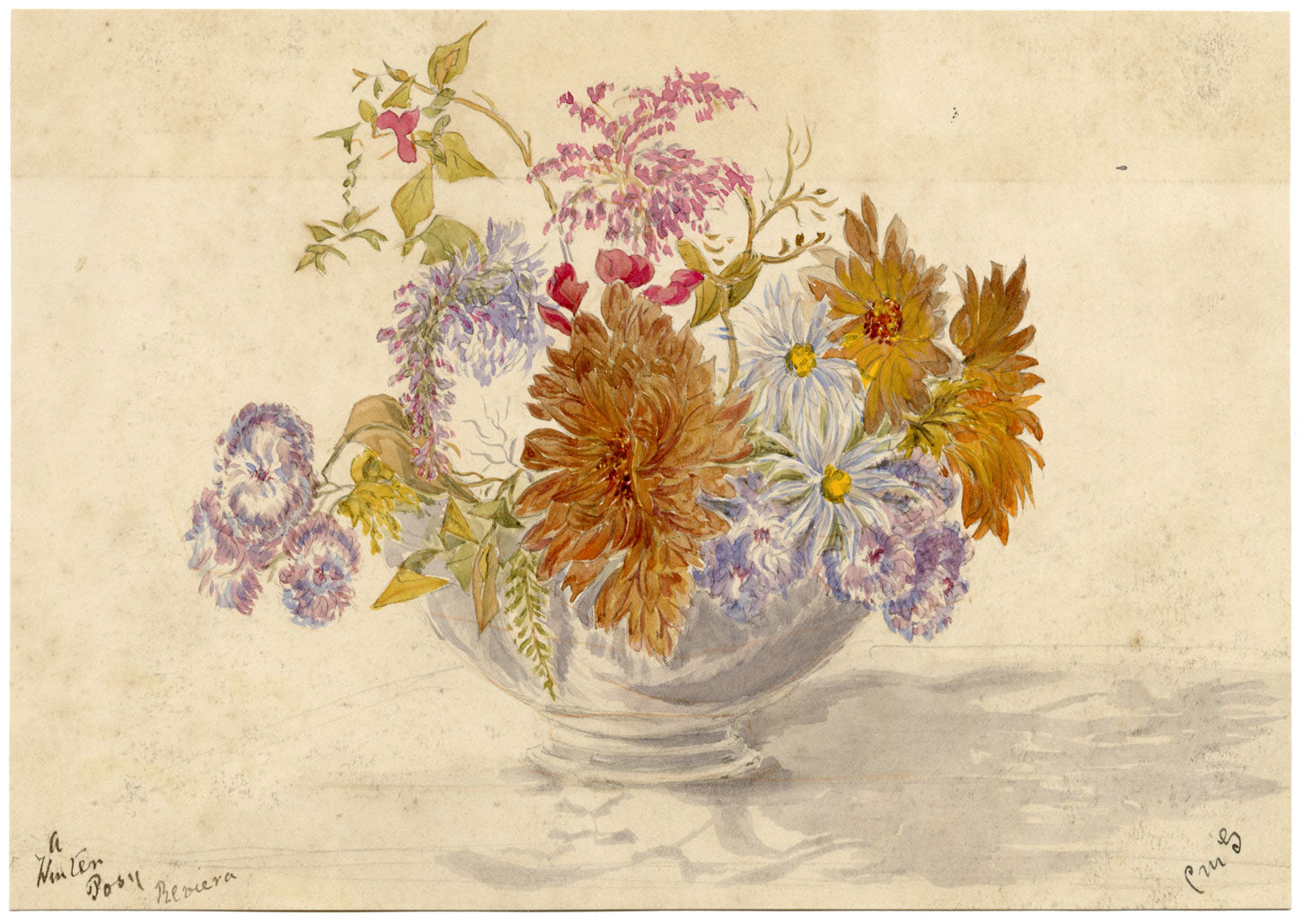 Constance Maria Stopford née Hammersley, Winter Posy, French Riviera – 1880s watercolour painting