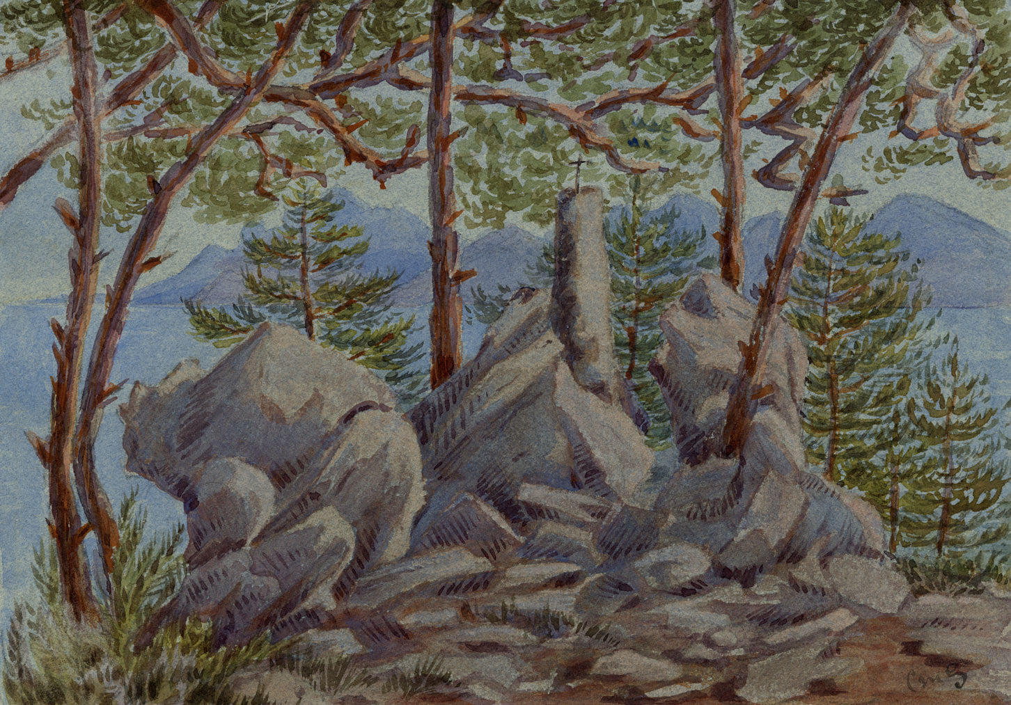 Constance Maria Stopford née Hammersley, Pine Trees, Côte d'Azur, French Riviera – 1880s watercolour painting