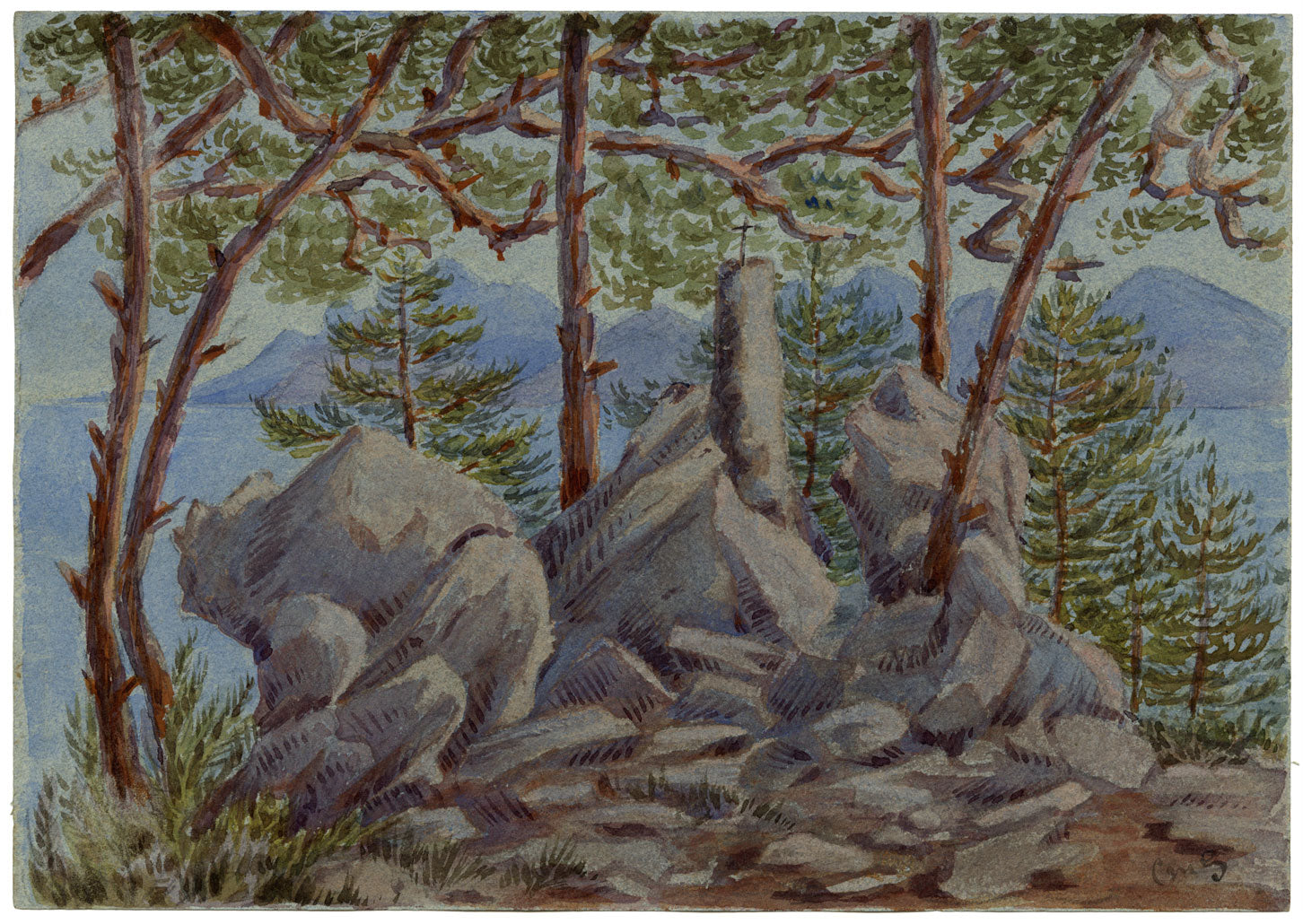 Constance Maria Stopford née Hammersley, Pine Trees, Côte d'Azur, French Riviera – 1880s watercolour painting