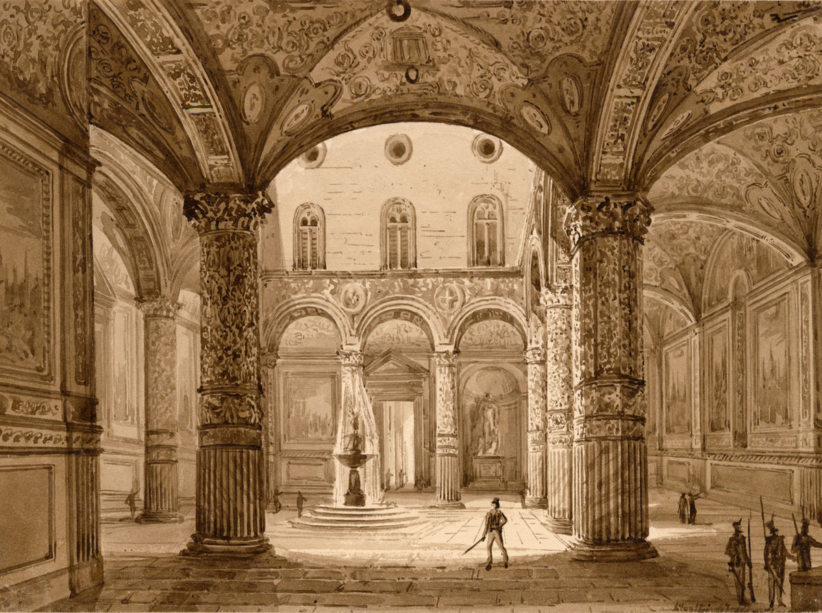 Friedrich Wilhelm Moritz, Courtyard of Palazzo Vecchio, Florence – c.1829 watercolour painting