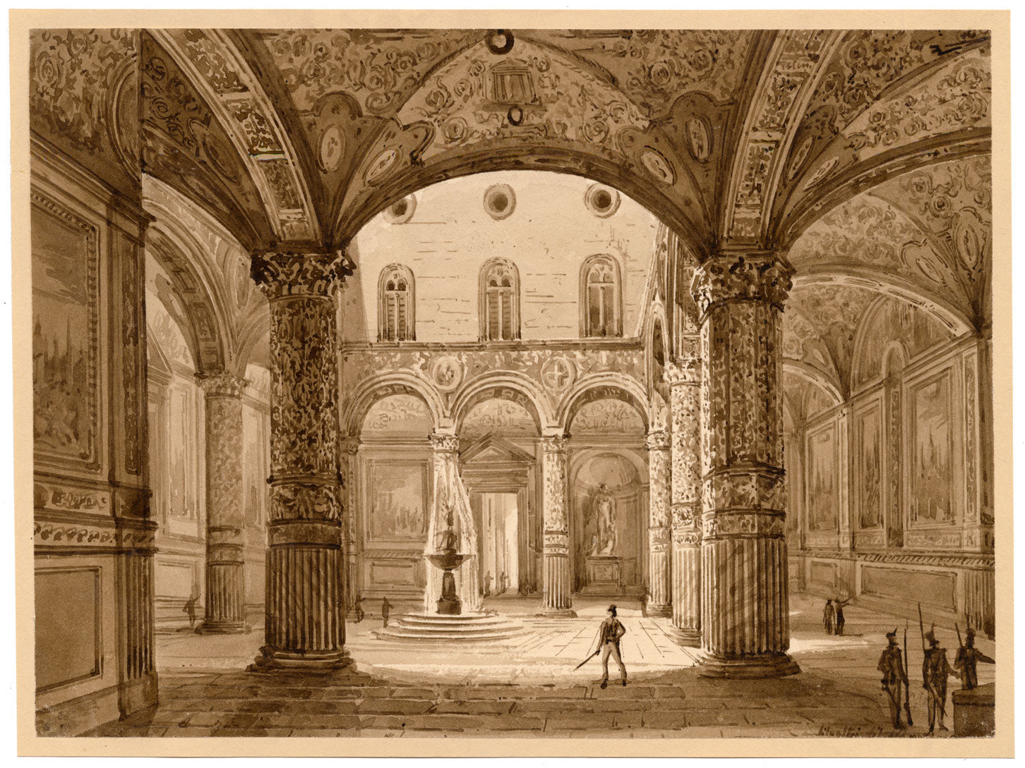 Friedrich Wilhelm Moritz, Courtyard of Palazzo Vecchio, Florence – c.1829 watercolour painting