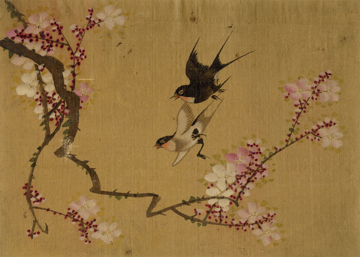Japanese School, Cherry Blossom with Swallow Birds – c.1847 ink & colour on silk