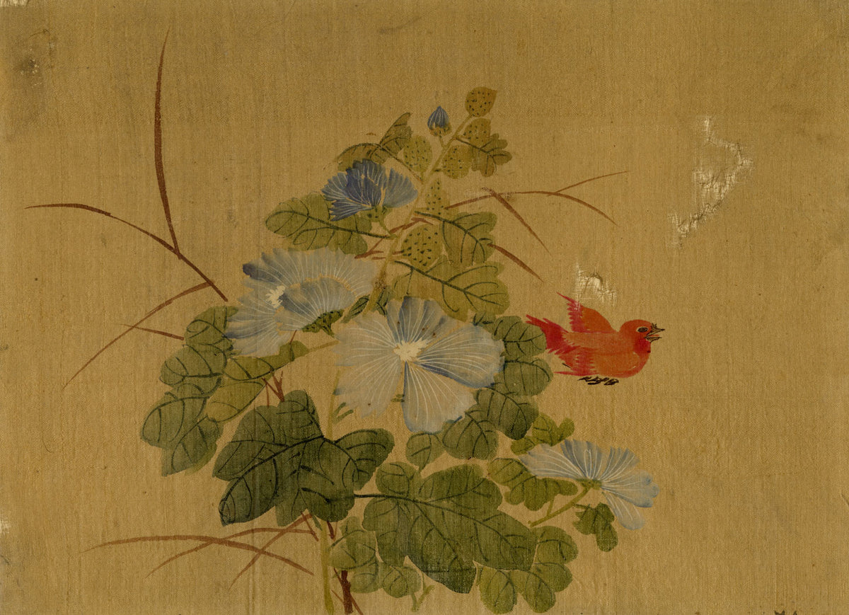 Japanese School, Morning Glory Flower with Rosefinch Bird – c.1847 ink & colour on silk