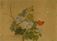 Japanese School, Morning Glory Flower with Rosefinch Bird – c.1847 ink & colour on silk