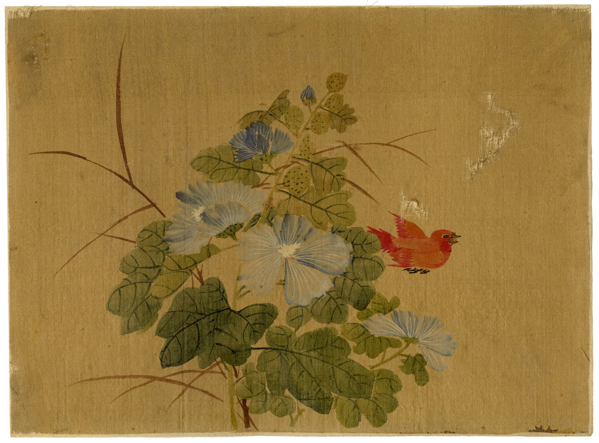 Japanese School, Morning Glory Flower with Rosefinch Bird – c.1847 ink & colour on silk