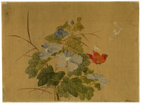 Japanese School, Morning Glory Flower with Rosefinch Bird – c.1847 ink & colour on silk