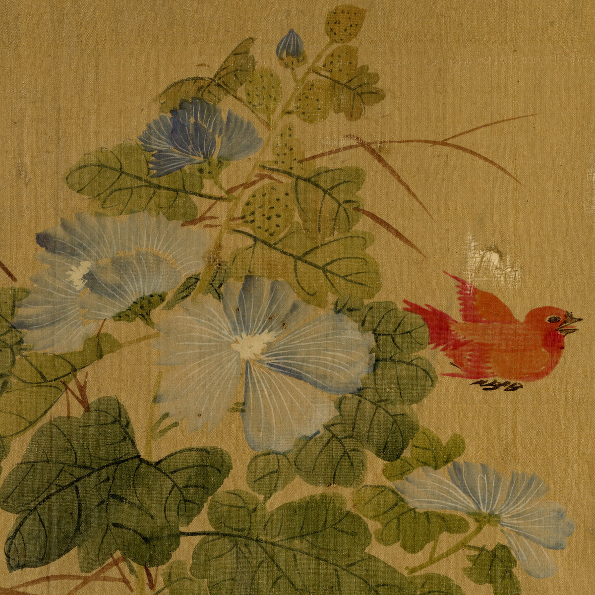 Japanese School, Morning Glory Flower with Rosefinch Bird – c.1847 ink & colour on silk