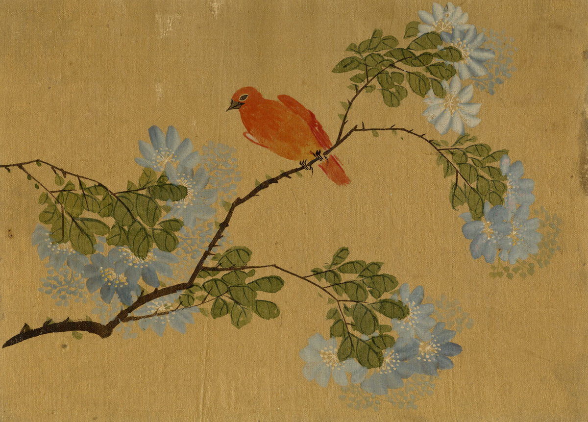 Japanese School, Blue Blossom Branch with Red Bird – c.1847 ink & colour on silk