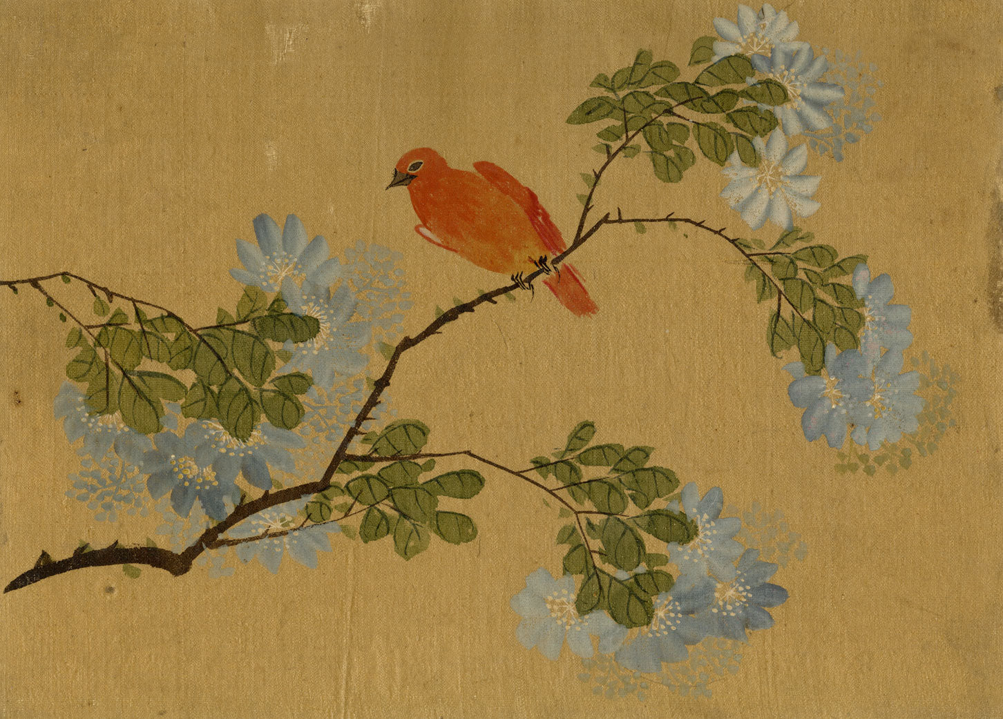 Japanese School, Blue Blossom Branch with Red Bird – c.1847 ink & colour on silk